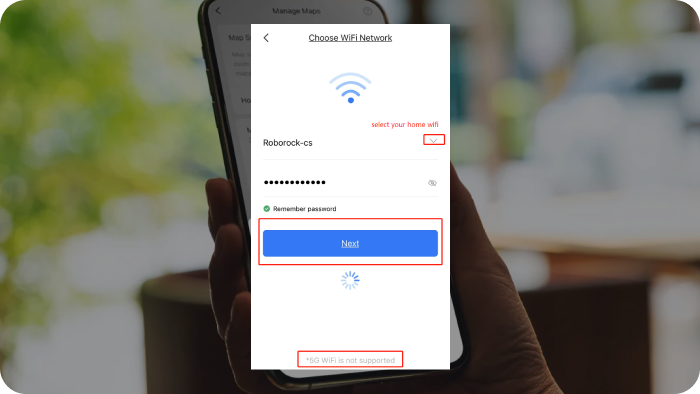 Aplikacja Roborock iOS - wybór sieci Wi-Fi 2,4 GHz