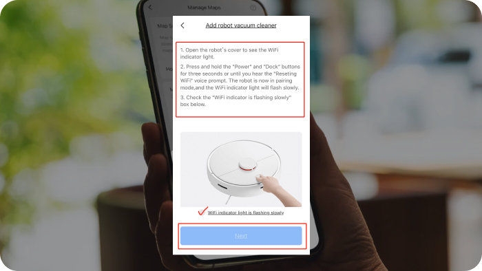Aplikacja Roborock iOS - potwierdzenie migającej diody