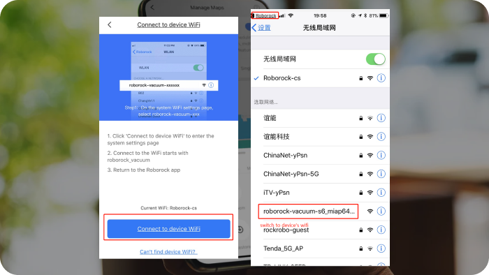 Ustawienia Wi-Fi iPhone - sieć robota roborock-vacuum-xxxx